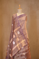 Metallic Purple Tissue Silk Saree with Gold-Silver Zari Floral Motifs