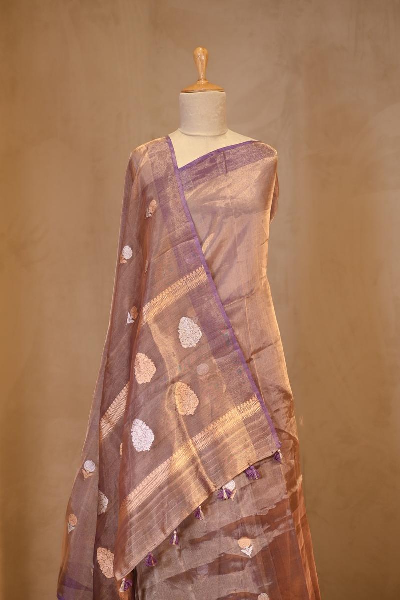 Metallic Purple Tissue Silk Saree with Gold-Silver Zari Floral Motifs