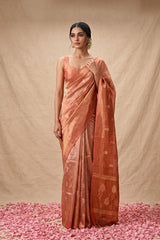 Metallic Rust Tissue Silk Saree with Gold-Silver Zari Floral Motifs