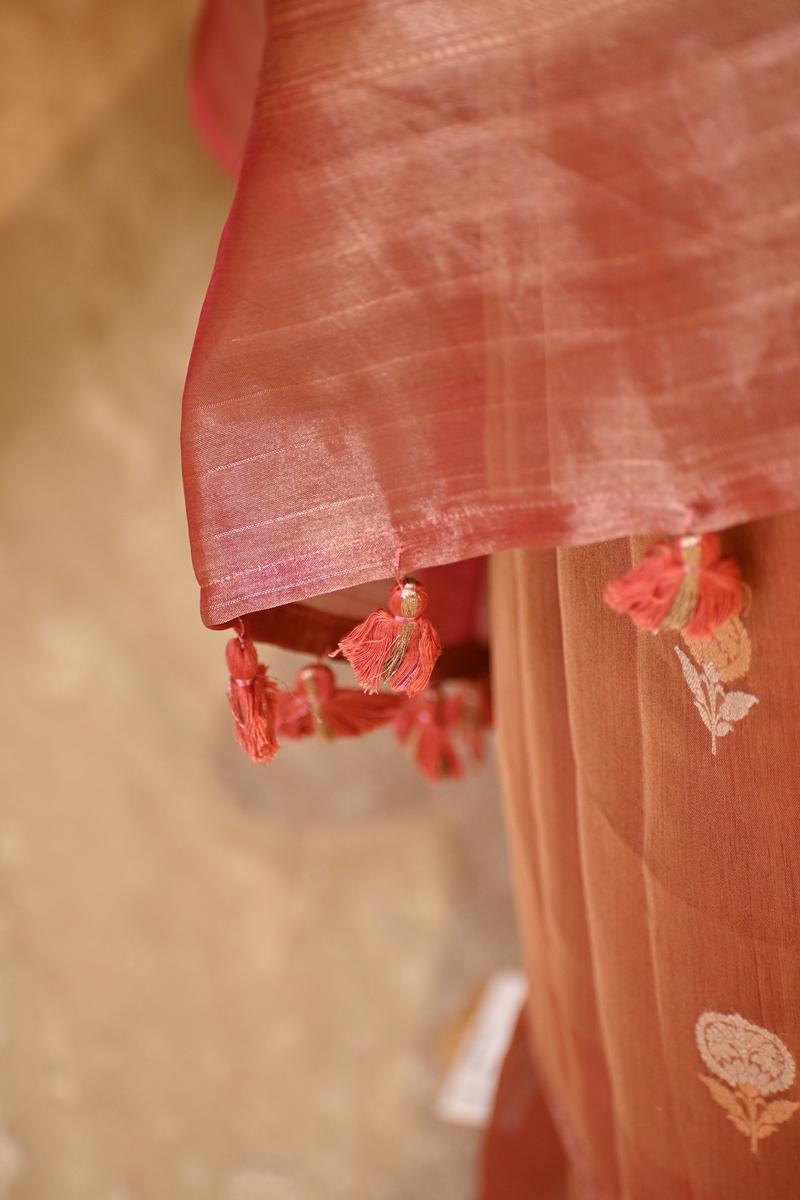 Metallic Rust Tissue Silk Saree with Gold-Silver Zari Floral Motifs