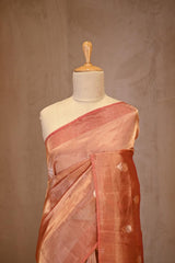 Metallic Rust Tissue Silk Saree with Gold-Silver Zari Floral Motifs
