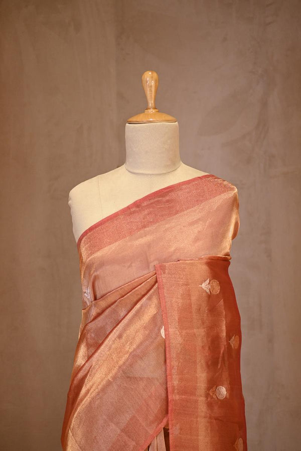 Metallic Rust Tissue Silk Saree with Gold-Silver Zari Floral Motifs