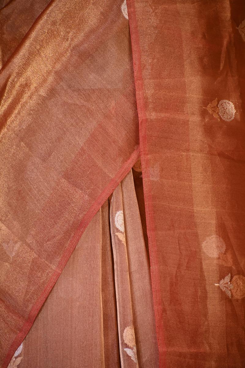 Metallic Rust Tissue Silk Saree with Gold-Silver Zari Floral Motifs