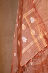 Metallic Rust Tissue Silk Saree with Gold-Silver Zari Floral Motifs