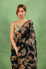 Black Applique Organza Silk Saree with Multicolor Shikargah Jaal