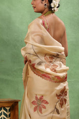 Ivory Applique Organza Silk Saree with Multicolor Floral Vines and Bird Motifs
