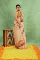 Ivory Applique Organza Silk Saree with Multicolor Floral Vines and Bird Motifs