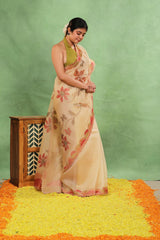 Ivory Applique Organza Silk Saree with Multicolor Floral Vines and Bird Motifs