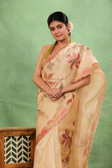 Ivory Applique Organza Silk Saree with Multicolor Floral Vines and Bird Motifs