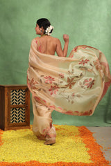 Ivory Applique Organza Silk Saree with Multicolor Floral Vines and Bird Motifs