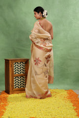 Ivory Applique Organza Silk Saree with Multicolor Floral Vines and Bird Motifs