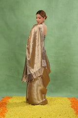 Steel Blue Brocade Tissue Silk Saree with Gold Zari Tanchoi Weave
