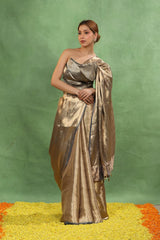 Steel Blue Brocade Tissue Silk Saree with Gold Zari Tanchoi Weave