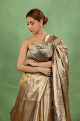 Steel Blue Brocade Tissue Silk Saree with Gold Zari Tanchoi Weave