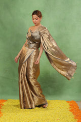 Steel Blue Brocade Tissue Silk Saree with Gold Zari Tanchoi Weave