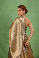 Steel Blue Brocade Tissue Silk Saree with Gold Zari Tanchoi Weave