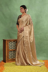 Golden Brocade Tissue Silk Saree with Maroon Piping and Dual Blouse