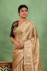 Golden Brocade Tissue Silk Saree with Maroon Piping and Dual Blouse