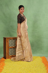 Golden Brocade Tissue Silk Saree with Maroon Piping and Dual Blouse