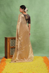 Golden Brocade Tissue Silk Saree with Maroon Piping and Dual Blouse