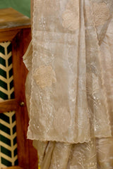 Silver Applique Tissue Silk Saree with Pitta Zari and Scalloped Border