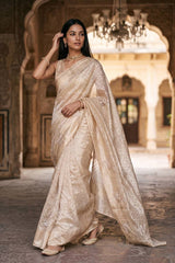 Off-White Tissue Silk Saree with Woven Bird Motifs