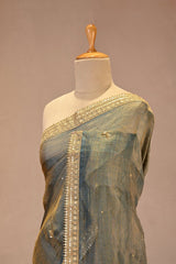 Teal Blue Kota Tissue Silk Saree with Embellished Floral Buta