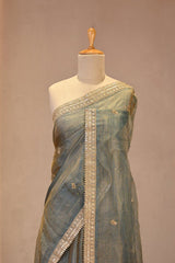 Teal Blue Kota Tissue Silk Saree with Embellished Floral Buta