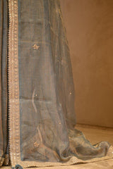 Teal Blue Kota Tissue Silk Saree with Embellished Floral Buta