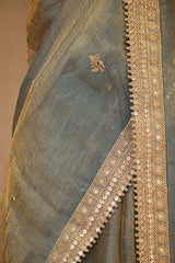 Teal Blue Kota Tissue Silk Saree with Embellished Floral Buta