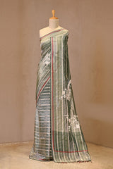 Grey Tissue Silk Saree with Silver Zari Woven Stripes