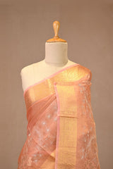 Peach Tissue Silk Saree with Applique Pitta Zari Work