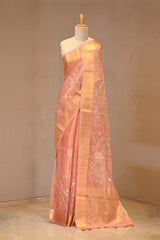 Peach Tissue Silk Saree with Applique Pitta Zari Work