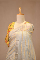 Grey Tissue Silk Saree with Zari Stripes and Crushed Body