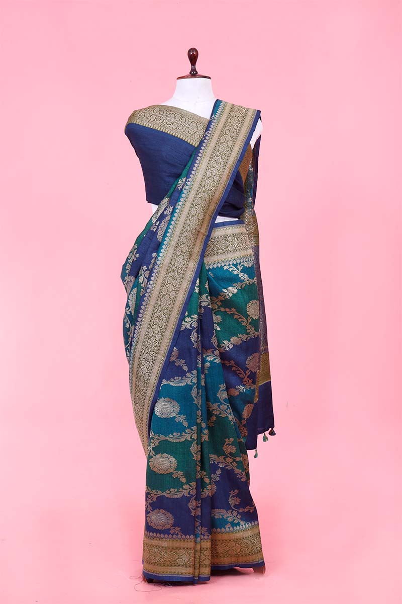 peacock blue saree, Tussar silk saree, khaddi saree, Banarasi saree, party wear saree
