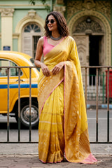 Yellow Banarasi Tussar Khaddi Silk Saree with Gold-Silver Zari Motifs
