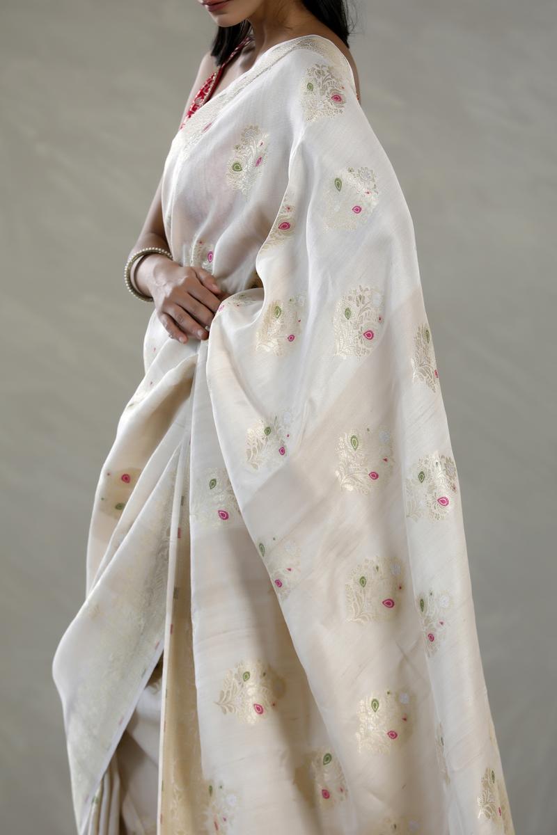 Beige Tussar Khaddi Silk Saree with Meenakari Floral Work