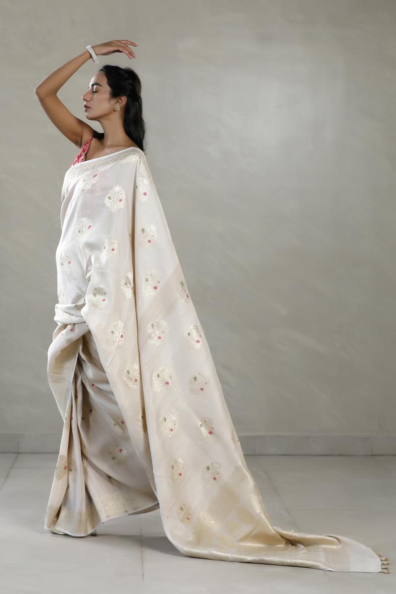 Beige Tussar Khaddi Silk Saree with Meenakari Floral Work