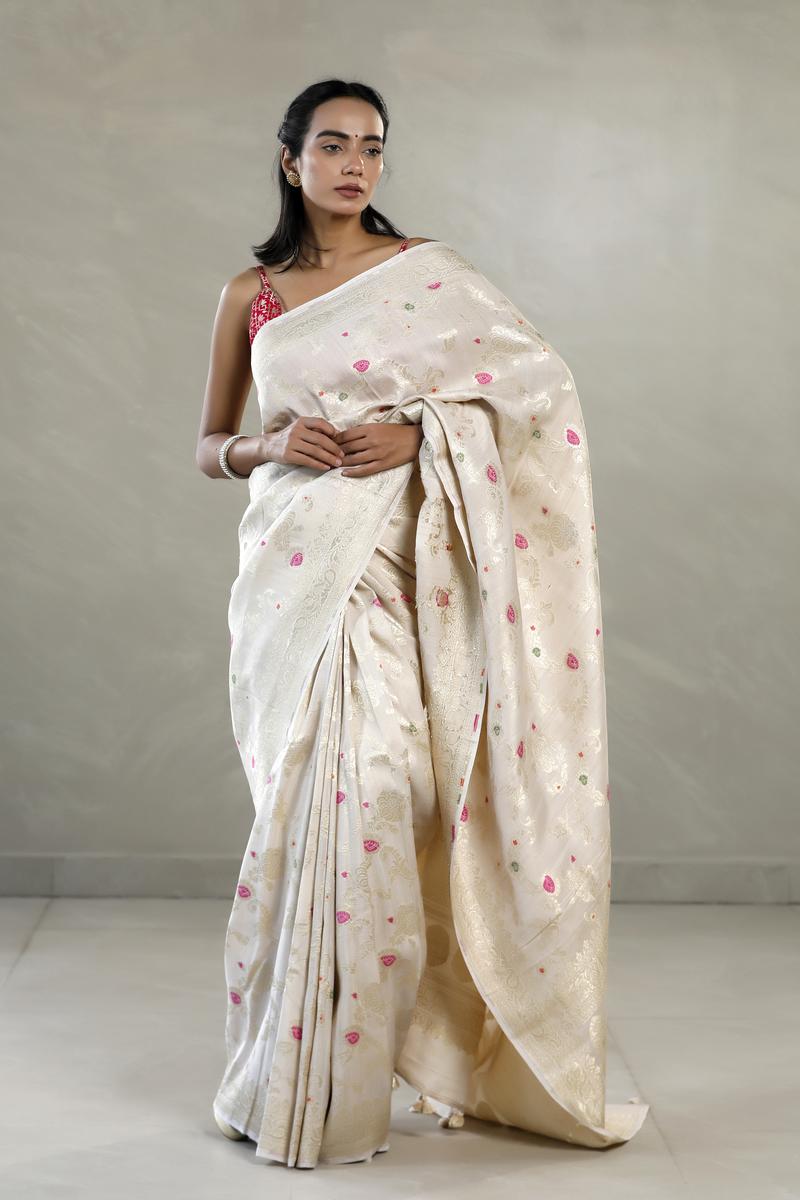 Beige Saree, Tussar silk saree, khaddi saree, Banarasi saree, party wear saree, Wedding Saree