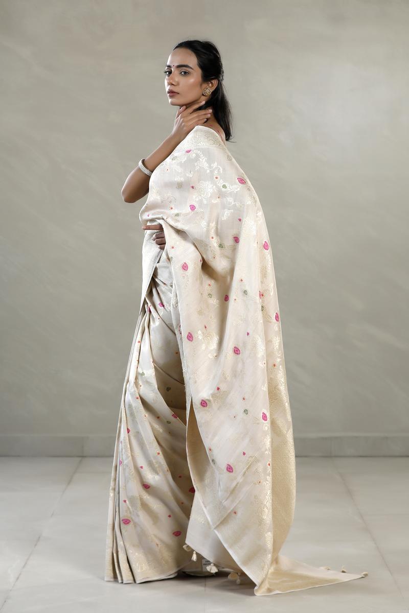 Beige Tussar Khaddi Silk Saree with Meenakari And Paisley Border