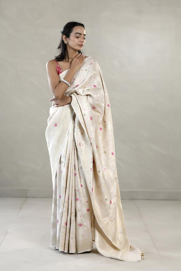 Beige Tussar Khaddi Silk Saree with Meenakari And Paisley Border