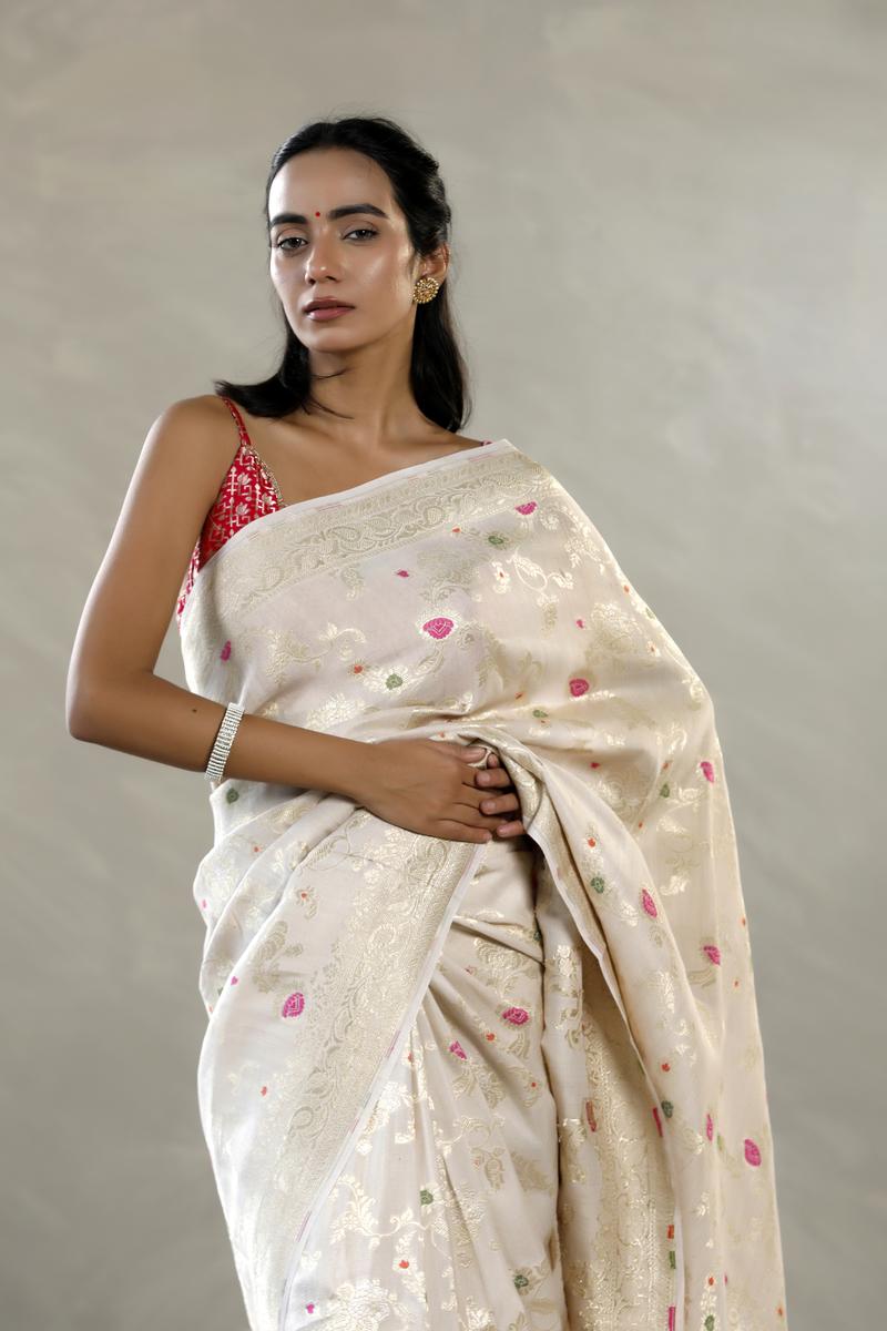 Beige Tussar Khaddi Silk Saree with Meenakari And Paisley Border