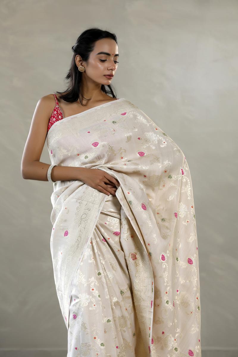 Beige Tussar Khaddi Silk Saree with Meenakari And Paisley Border