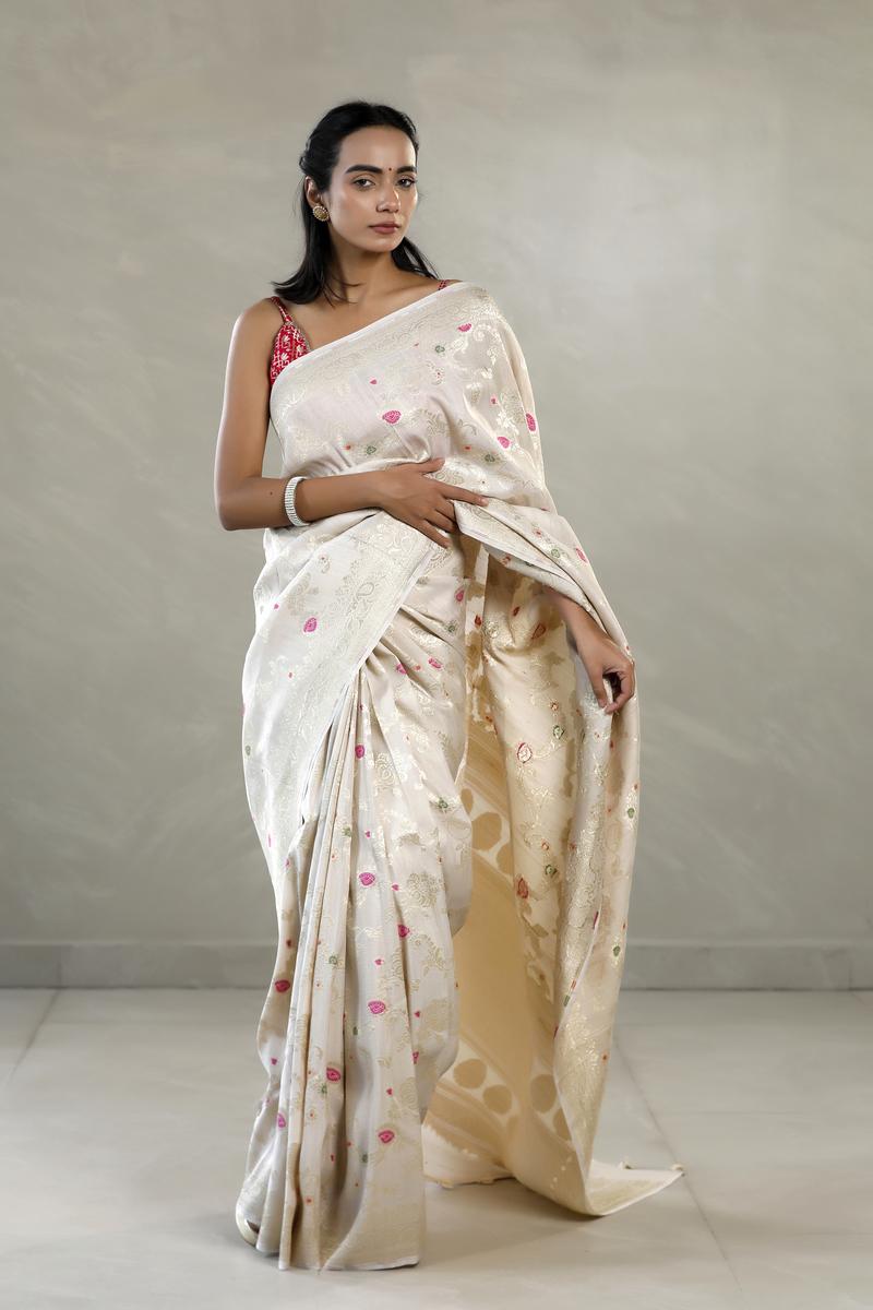 Beige Tussar Khaddi Silk Saree with Meenakari And Paisley Border