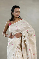 Beige Tussar Khaddi Silk Saree with Meenakari And Paisley Border