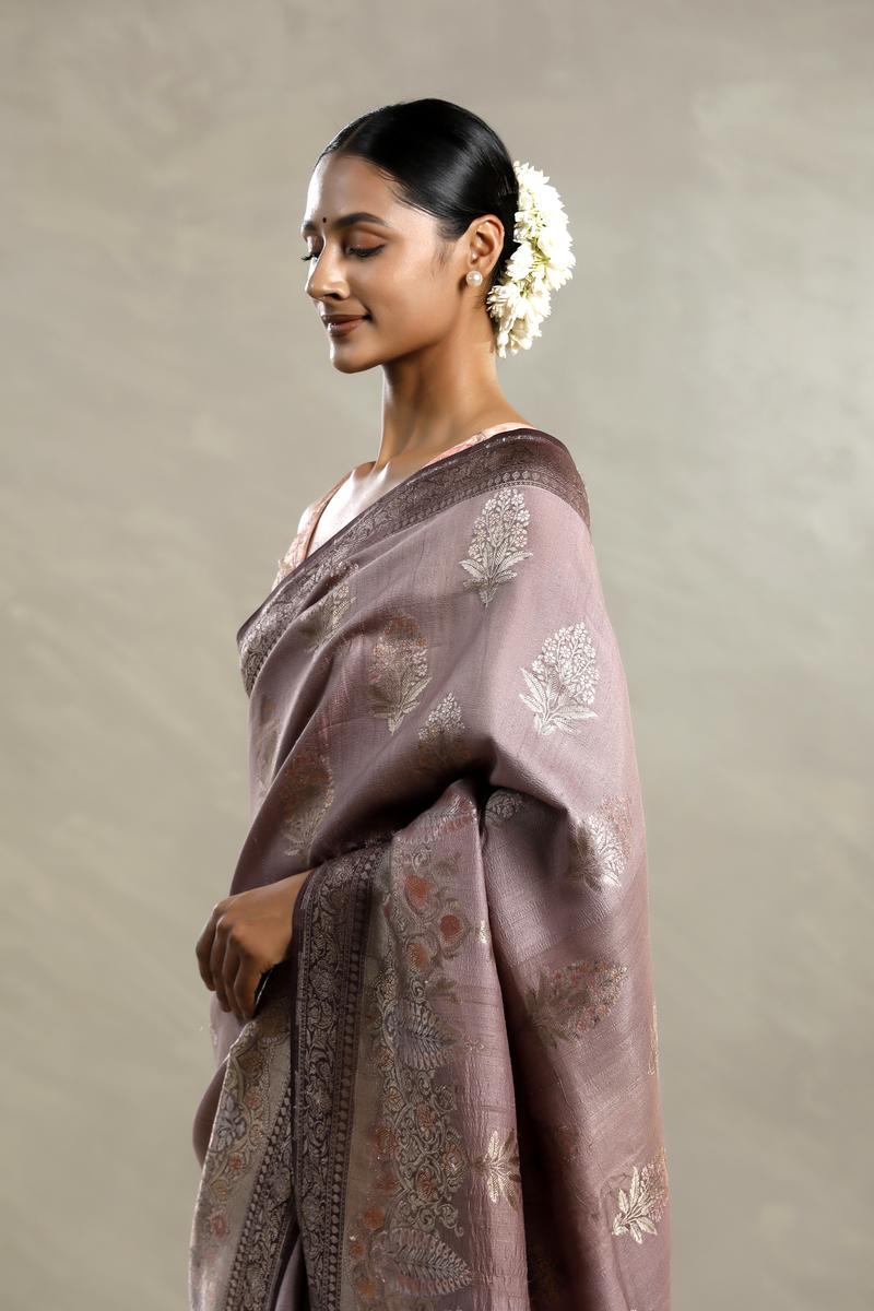 Mauve Tussar Khaddi Silk Saree with Handbrush Antique Zari Work