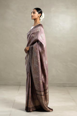 Mauve Tussar Khaddi Silk Saree with Handbrush Antique Zari Work
