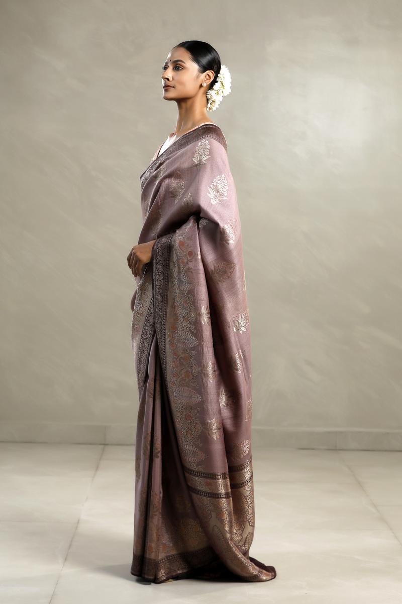 Mauve Tussar Khaddi Silk Saree with Handbrush Antique Zari Work