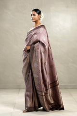 Mauve Tussar Khaddi Silk Saree with Handbrush Antique Zari Work
