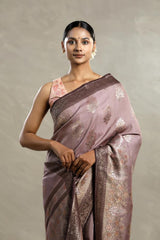 Mauve Tussar Khaddi Silk Saree with Handbrush Antique Zari Work